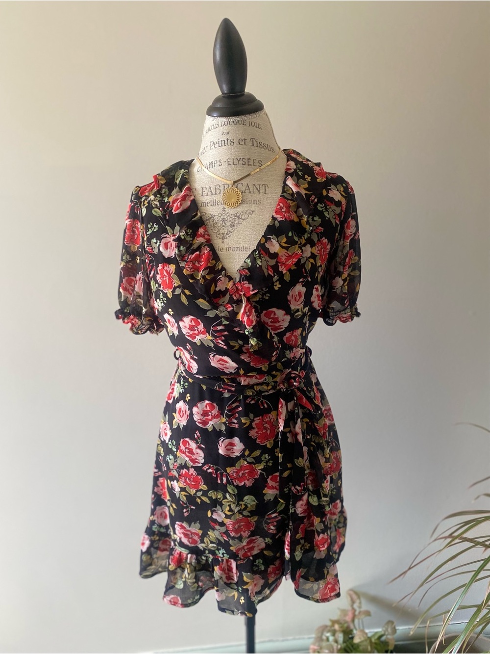 Cottage-core romantic pink and red Floral Ruffle Trim Faux-Wrap Dress